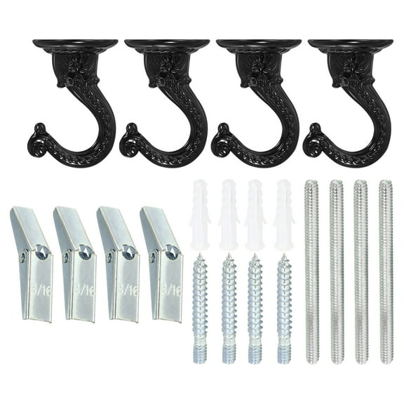 Uxcell 2.2" x 1.6" Ceiling Hook, 4 Set of Ceiling Orchid Hooks with Mounting Hardware, Black