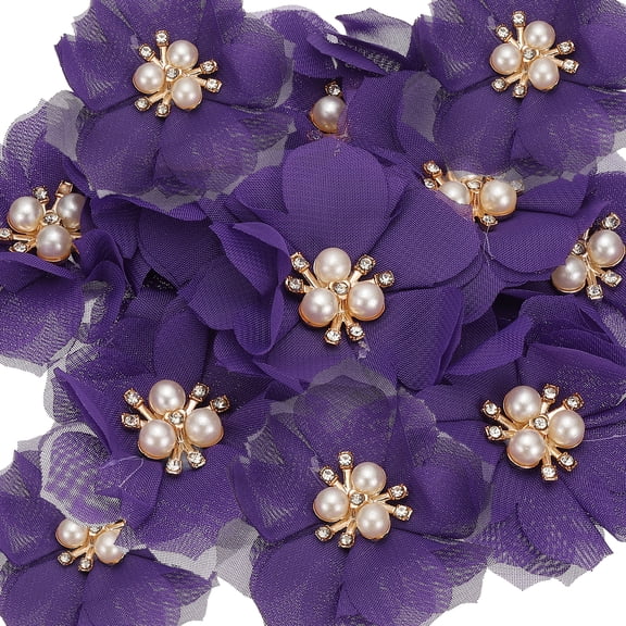 Uxcell 2.36 Inch Rhinestone Chiffon Flower, 15 Pcs Fabric Appliques, Deep Purple