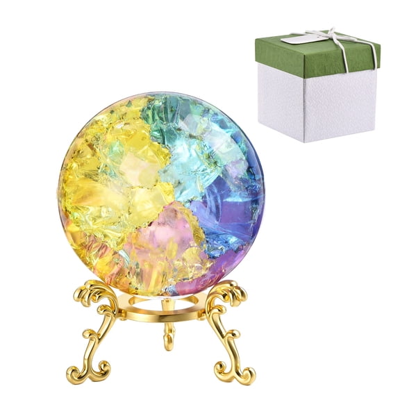 Uxcell 2.36 Inch Round Crystal Sphere with Stand, Crystal Sphere Ice Cracked Decorative Ball Paperweight Gift Box Packaging for Home Ornament Gift Craft Feng Shui Decoration, Iridescent