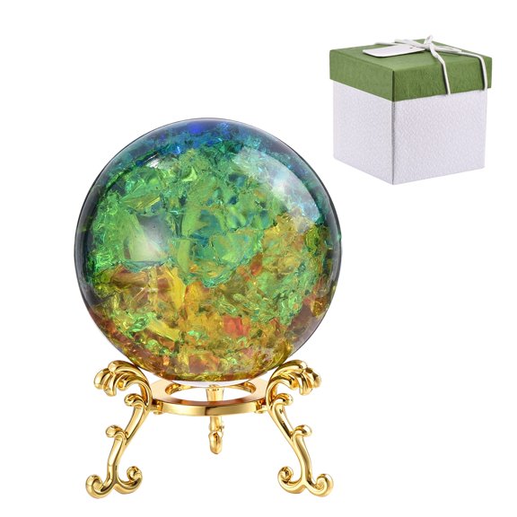 Uxcell 2.36 Inch Round Crystal Sphere with Stand, Crystal Sphere Ice Cracked Decorative Ball Paperweight Gift Box Packaging for Home Ornament Gift Craft Feng Shui Decoration, Multicolor