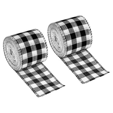 Uxcell 2.36" Wide Polyester Gingham Ribbon Wired Edge Ribbon, 2 Pack for Christmas Decoration Wrapping Black and White