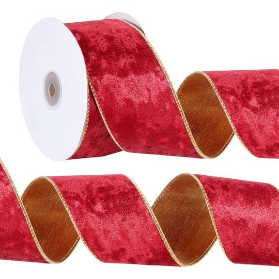 Uxcell Velvet Wired Ribbon, Velvety Gold Crushed Ribbons Double Faced for Gift Wrapping Crafts Chrismas Tree Decorations Bright Red