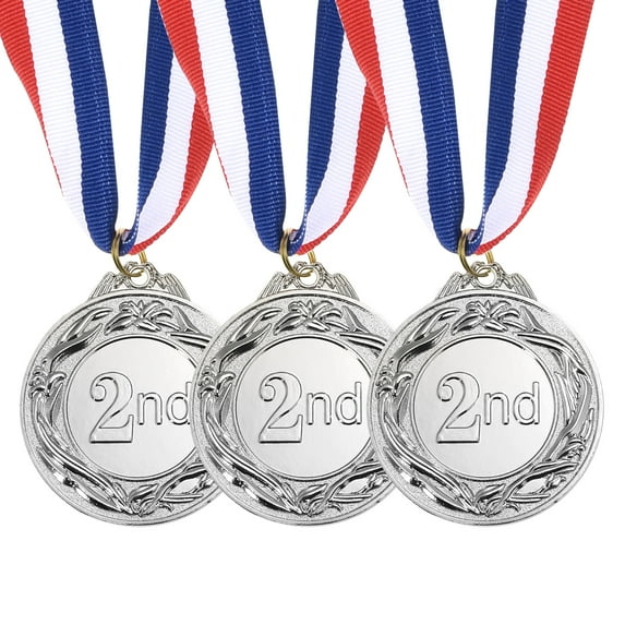 Uxcell 2.6 Inch Silver Award Medals 2nd Prize Style with Neck Ribbon 3 Pieces