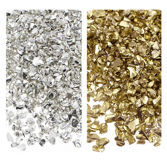 Uxcell 2 Colors Crushed Glass Chips, 1-4mm Irregular Sequins Metallic Color Glass 28g Gold Tone Silver Tone