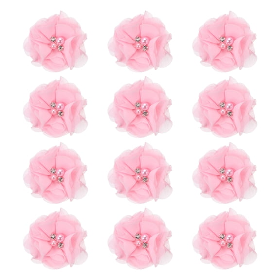 Uxcell 2 Inch Chiffon Flowers, 12 Pcs Rhinestone Pearl Sewing Fabric Flowers, Pink