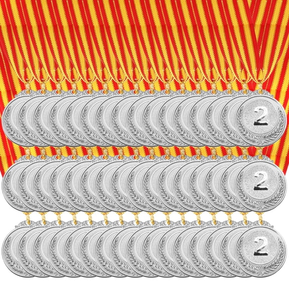 Uxcell 2 Inch Silver Prizes Award Medals Metal Winner Medals 2ed Place with Neck Ribbon for Sports Competitions 48 Pieces