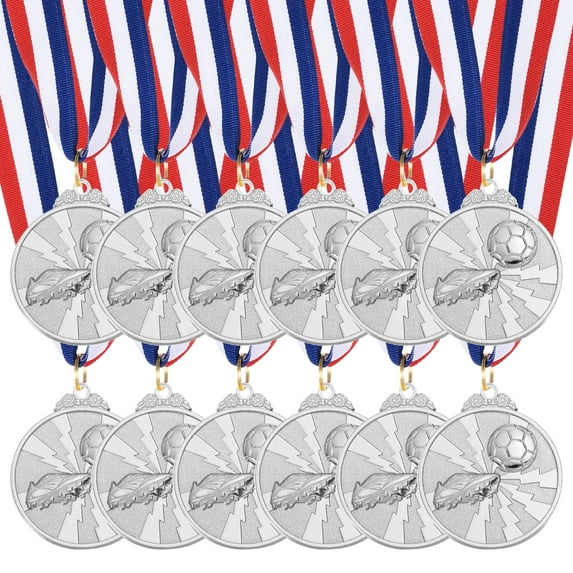Uxcell 2 Inch Soccer Medals Silver Award Medals with Neck Ribbon for Team Sports Games Party Favors 12 Pieces