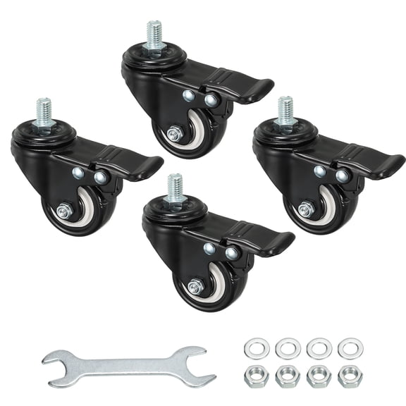 Uxcell 2 Inch Swivel Threaded Stem Casters M10x15mm Thread PU Caster Wheel with Brake 110lbs Load, Black 4 Pack