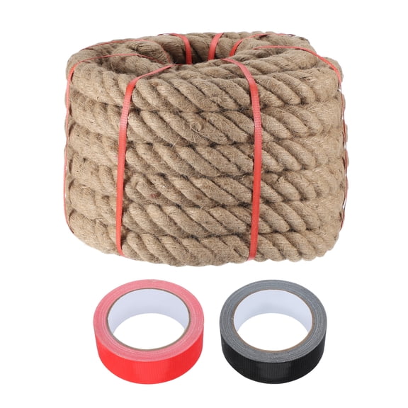 Uxcell 2 Inch x 75ft Heavy Natural Jute Rope Thick Twine Rope with 2 Roll Tapes for Crafts Railing Docks Tug of War Swing Nautical Landscaping