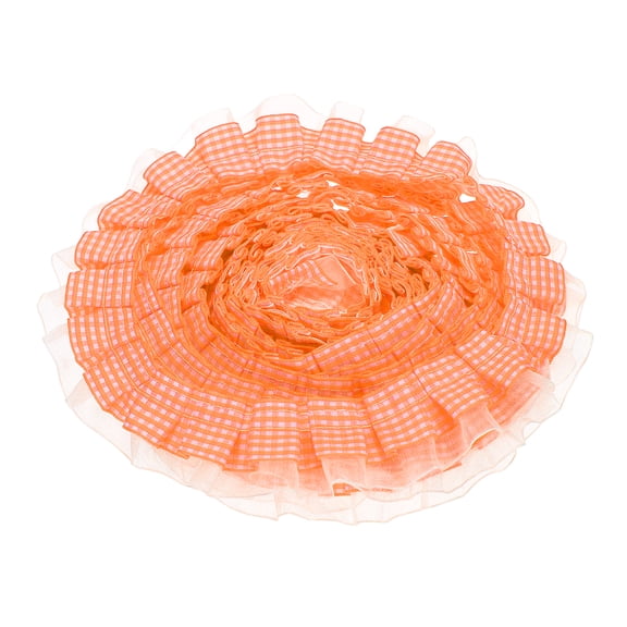 Uxcell 2 Layer Gingham Ruffle Ribbon Trim, 5 Yards x 1.38" Chiffon Pleated Ribbons Fabric Edge Trimming for Sewing, DIY Crafts, Dress and Home Decor Embellishment, Light Orange