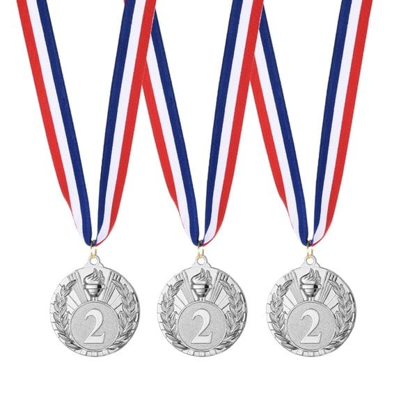 Uxcell 2" Metal Award Medals, 3 Pcs 2nd Winner Medals with Neck Ribbon for Competitions, Silver (Torch Style)