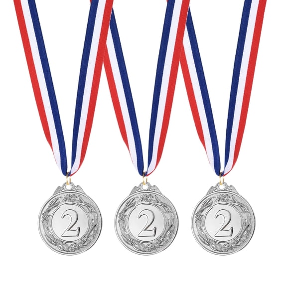 Uxcell 2" Metal Award Medals, 3 Pcs 2nd Winner Medals with Neck Ribbon for Competitions, Silver (Wreath Style)