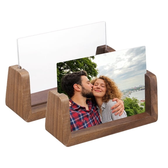 Uxcell 2 PCS 4x3 Inch Wooden Photo Frames with Base, Horizontal Rustic Wooden Picture Frames Acrylic Glass Covers for Home Decor Tabletop Desktop Display Menu Holder, Walnut Color