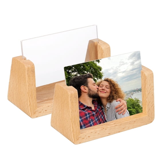 Uxcell 2 PCS 4x3 Inch Wooden Photo Frames with Base, Horizontal Rustic Wooden Picture Frames Acrylic Glass Covers for Home Decor Tabletop Desktop Display Menu Holder, Wood Color