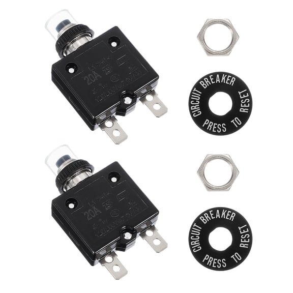 Uxcell 2 Pack 20Amp Push Button Circuit Breaker, 125/250V AC 50V DC Manual Reset Thermal Overload Protector with Waterproof Button Caps