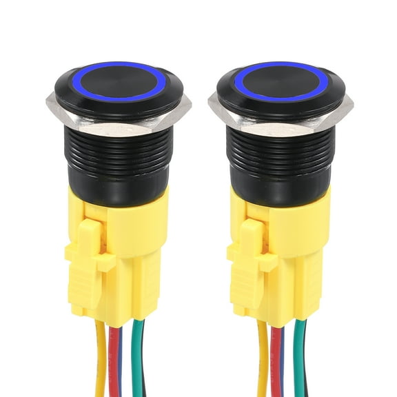 Uxcell 2 Pack 3/4 Inch Aluminium Alloy Latching Push Button Switch Flat Head 5A 250V Black Shell With Blue LED Ring Head 1NO1NC