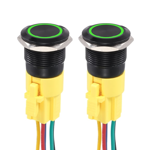 Uxcell 2 Pack 3/4 Inch Latching Push Button Switch 12V 24VDC with Green LED Ring Head 1NO1NC Socket Plug with Wire for Car Boat Systems Custom Setups