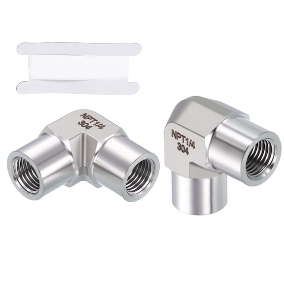 Uxcell 2 Pack 304 Stainless Steel Pipe Fittings, 90 Degree 1/4" FeMale NPT to 1/4" FeMale NPT Barstock Street Elbow W/ Sealing Tape, Forged Pipe Fitting Connector for Air, Oil, LP
