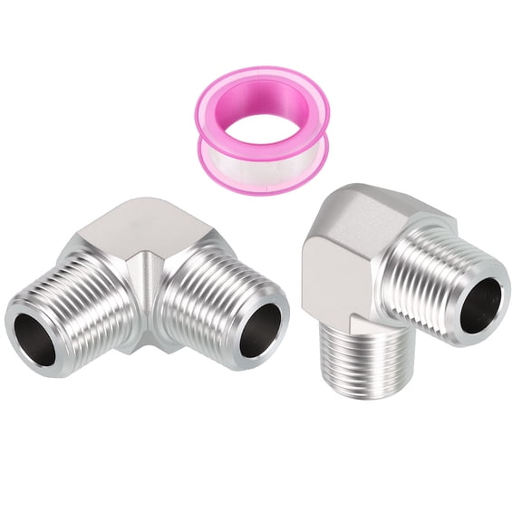 Uxcell 2 Pack 304 Stainless Steel Pipe Fittings, 90 Degree 1/8" Male NPT to 1/8" Male NPT Barstock Street Elbow W/ Sealing Tape, Forged Pipe Fitting Connector for Air, Oil, LP