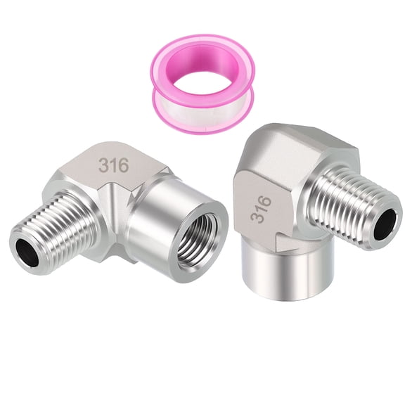 Uxcell 2 Pack 316 Stainless Steel Pipe Fittings, 90 Degree 1/4" FeMale NPT to 1/4" Male NPT Barstock Street Elbow W/ Sealing Tape, Forged Pipe Fitting Connector for Air, Oil, LP