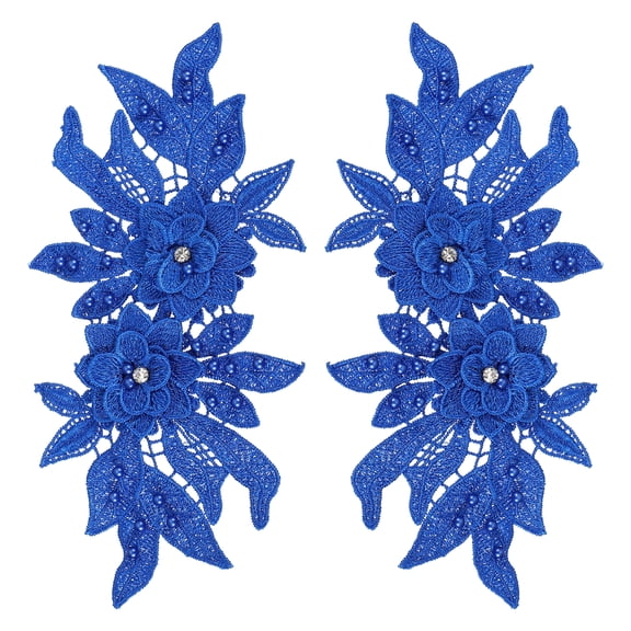 Uxcell 2 Pack 3D Flower Lace Applique with Rhinestone, 10x5 Inches Lace Embroidery Patches Sew on Embroidered Floral Appliques for Wedding Sewing Dresses Clothes Bags DIY, Dark Blue