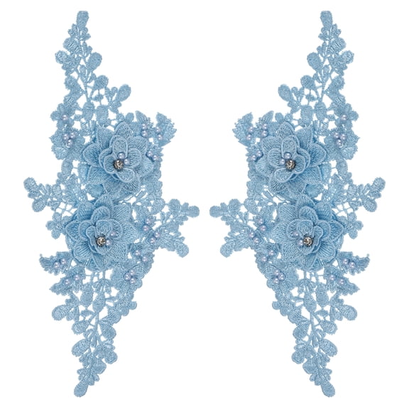 Uxcell 2 Pack 3D Flower Lace Applique with Rhinestone, 11x5 Inches Lace Embroidery Patches Sew on Embroidered Floral Appliques for Wedding Sewing Dresses Clothes Bags DIY, Sky Blue