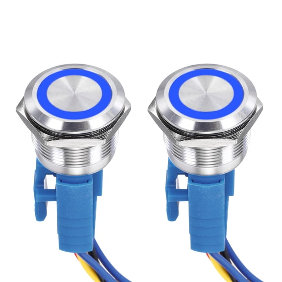 Uxcell 2 Pack 7/8 Inch Stainless Steel Latching Push Button Switch Flat Head 5A 110-220V Silver Shell With Blue LED Ring Head 1NO1NC