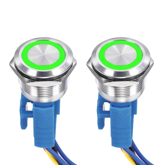 Uxcell 2 Pack 7/8 Inch Stainless Steel Latching Push Button Switch Flat Head 5A 110-220V Silver Shell With Green LED Ring Head 1NO1NC