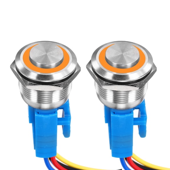 Uxcell 2 Pack 7/8 Inch Stainless Steel Momentary Push Button Switch Domed Head 5A 110-220V Silver Shell With Yellow LED Ring Head 1NO1NC