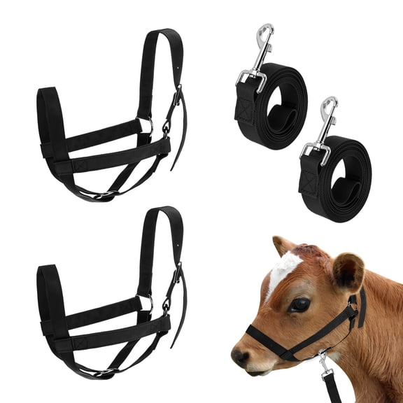 Uxcell 2-Pack Adjustable Cattle Cow Calf Halter, 12.6"-18.9" Nylon Livestock Cow Halter with Leading Rope [Black]