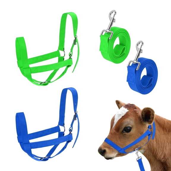 Uxcell 2-Pack Adjustable Cattle Cow Calf Halter, 12.6"-18.9" Nylon Livestock Cow Halter with Leading Rope [Green, Blue]