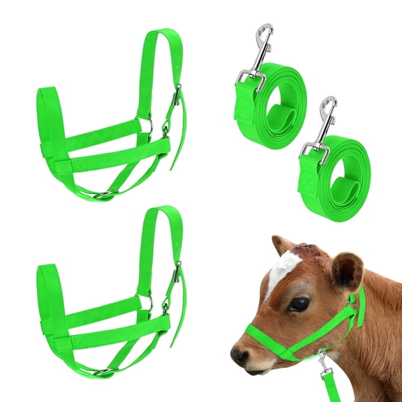 Uxcell 2-Pack Adjustable Cattle Cow Calf Halter, 12.6"-18.9" Nylon Livestock Cow Halter with Leading Rope [Green]