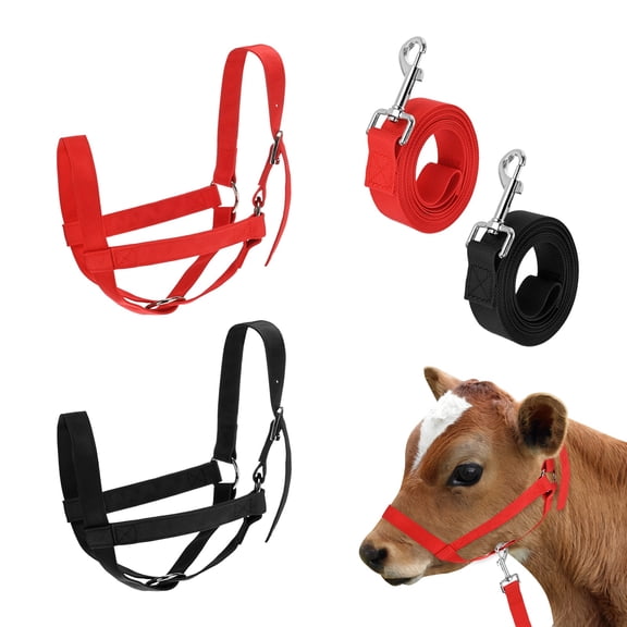 Uxcell 2-Pack Adjustable Cattle Cow Calf Halter, 12.6"-18.9" Nylon Livestock Cow Halter with Leading Rope [Red, Black]