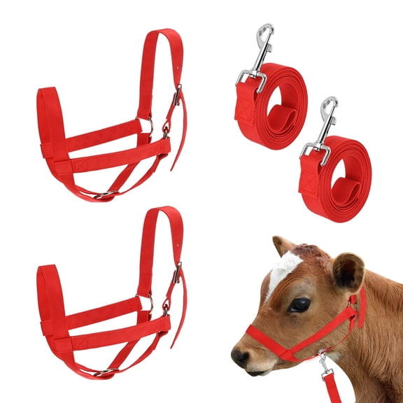 Uxcell 2-Pack Adjustable Cattle Cow Calf Halter, 12.6"-18.9" Nylon Livestock Cow Halter with Leading Rope [Red]