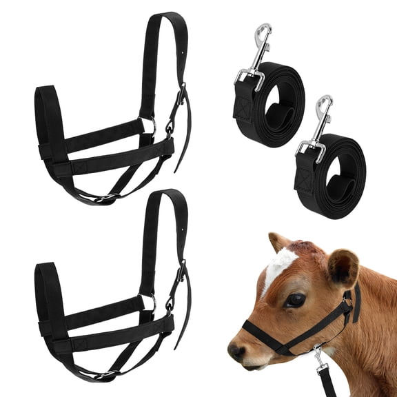 Uxcell 2-Pack Adjustable Cattle Cow Calf Halter, 16.54"-20.47" Nylon Livestock Cow Halter with Leading Rope [Black]