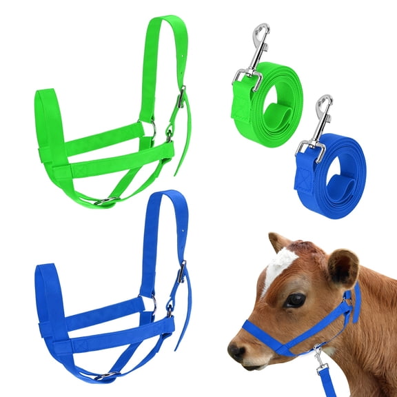 Uxcell 2-Pack Adjustable Cattle Cow Calf Halter, 16.54"-20.47" Nylon Livestock Cow Halter with Leading Rope [Green, Blue]