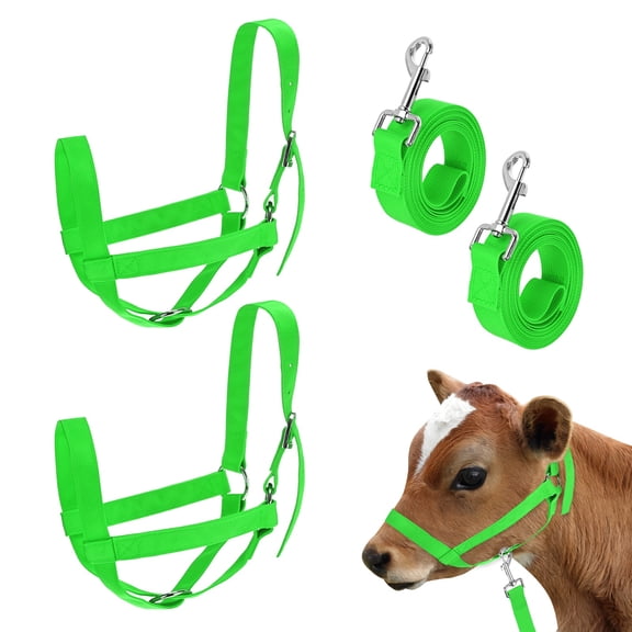 Uxcell 2-Pack Adjustable Cattle Cow Calf Halter, 16.54"-20.47" Nylon Livestock Cow Halter with Leading Rope [Green]