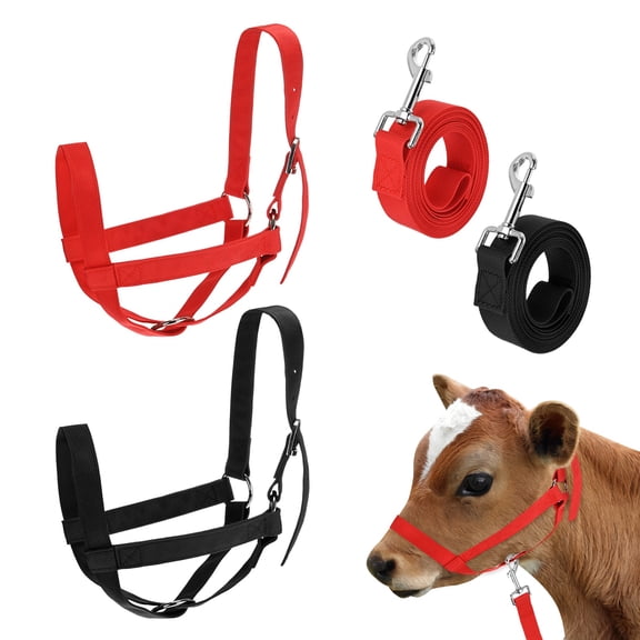 Uxcell 2-Pack Adjustable Cattle Cow Calf Halter, 16.54"-20.47" Nylon Livestock Cow Halter with Leading Rope [Red, Black]