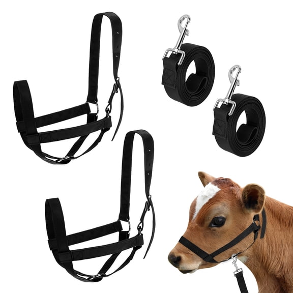 Uxcell 2-Pack Adjustable Cattle Cow Calf Halter, 18.9"-23.23" Nylon Livestock Cow Halter with Leading Rope [Black]