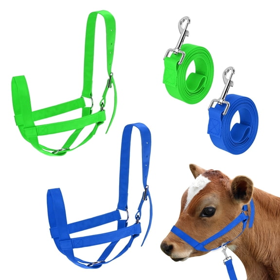 Uxcell 2-Pack Adjustable Cattle Cow Calf Halter, 18.9"-23.23" Nylon Livestock Cow Halter with Leading Rope [Green, Blue]