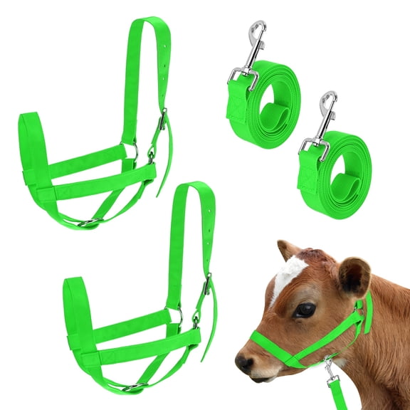 Uxcell 2-Pack Adjustable Cattle Cow Calf Halter, 18.9"-23.23" Nylon Livestock Cow Halter with Leading Rope [Green]