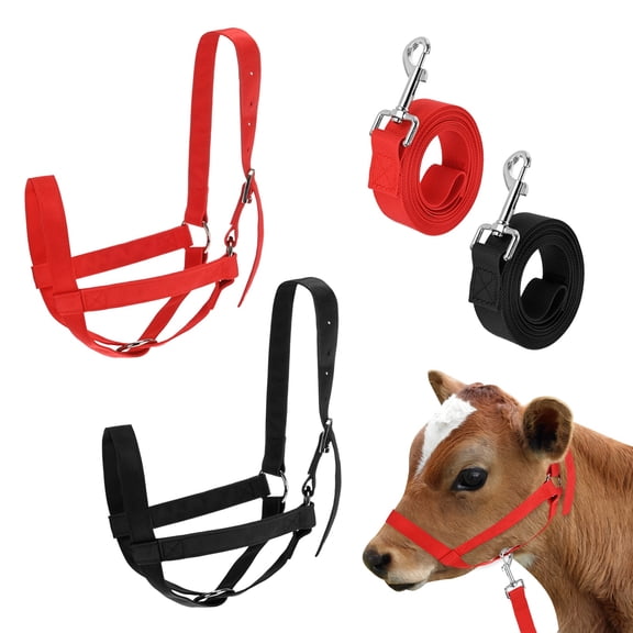 Uxcell 2-Pack Adjustable Cattle Cow Calf Halter, 18.9"-23.23" Nylon Livestock Cow Halter with Leading Rope [Red, Black]