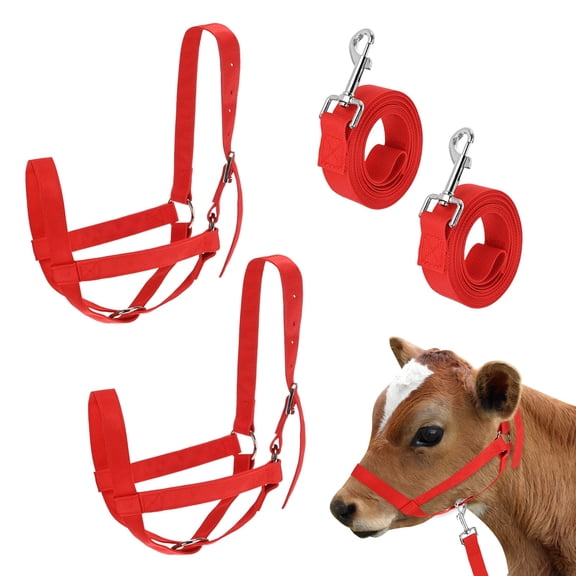 Uxcell 2-Pack Adjustable Cattle Cow Calf Halter, 18.9"-23.23" Nylon Livestock Cow Halter with Leading Rope [Red]