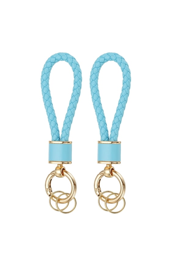 2 Pack Braided Leather Keychain, Keychain Ring Woven Strap Lanyard Strap with 360 Degree Rotatable for Car Key Bag Wallet, Gold/Original Sky Blue