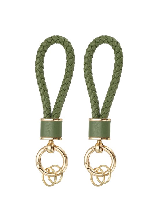 2 Pack Braided Leather Keychain, Keychain Ring Woven Strap Lanyard Strap with 360 Degree Rotatable for Car Key Bag Wallet, Gold/Olive Green