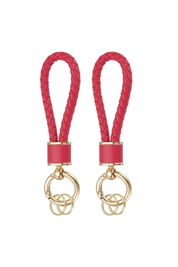 2 Pack Braided Leather Keychain, Keychain Ring Woven Strap Lanyard Strap with 360 Degree Rotatable for Car Key Bag Wallet, Gold/Rose Red