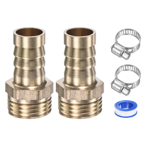 Uxcell 2-Pack Brass Hose Barb Fittings, 14mm x G1/2 Male Couple Hose Connector with Stainless Steel Hose Clamp & Tape