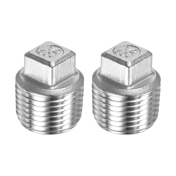 Uxcell 2-Pack Cast Pipe Fitting, 304 Stainless Steel 1/2" NPT Male Thread Solid Outer Square Cored Plug, Drain Plug Fitting