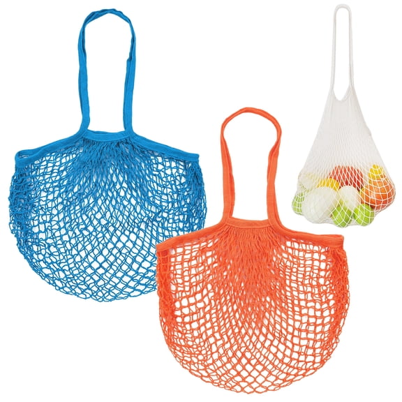 Uxcell 2-Pack Cotton Mesh Bag, Reusable Washable Net Grocery Bags for Shopping [Blue, Orange, Long Handle]