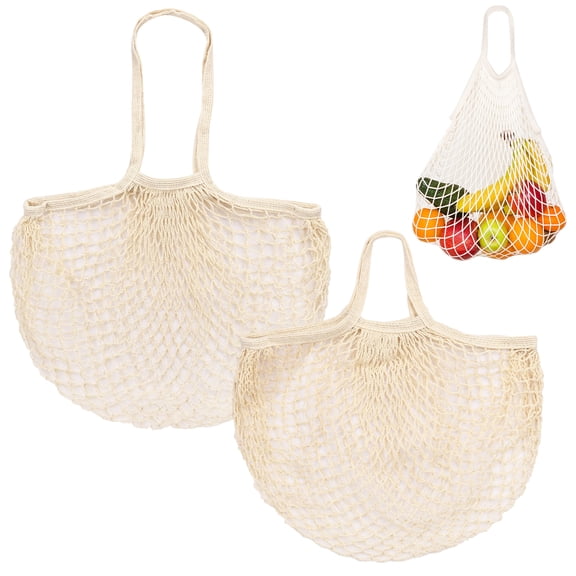 Uxcell 2-Pack Cotton Mesh Bag, Reusable Washable Net Grocery Bags for Shopping [Cream, Long&Short Handle]